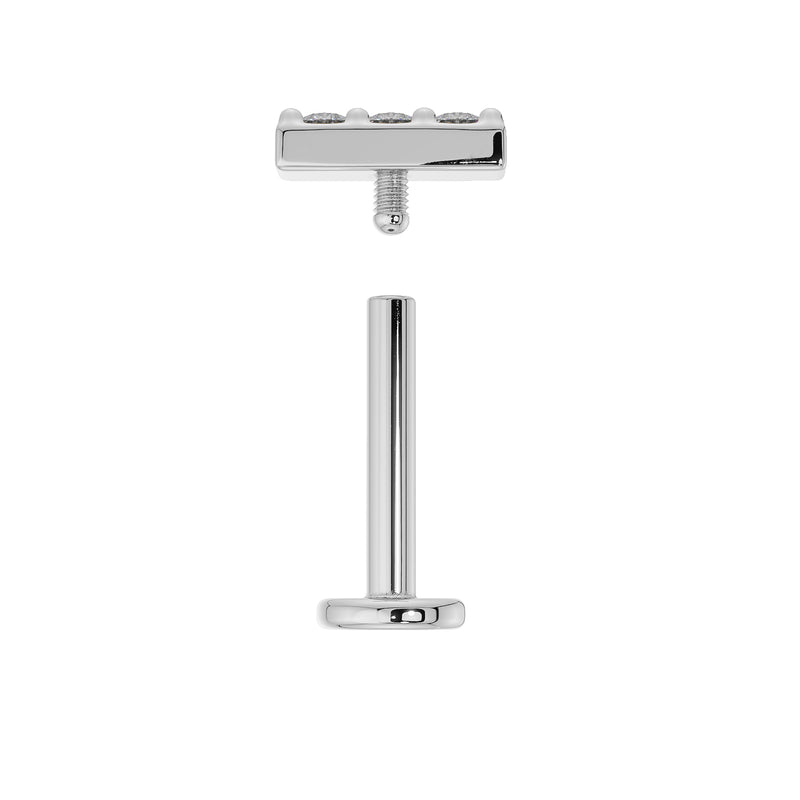 14k white gold trinity diamond bar labret shown disassembled with top and flat back post separated