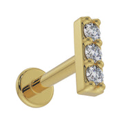 14k yellow gold trinity diamond bar flat back cartilage earring, angled front view highlighting diamond sparkle