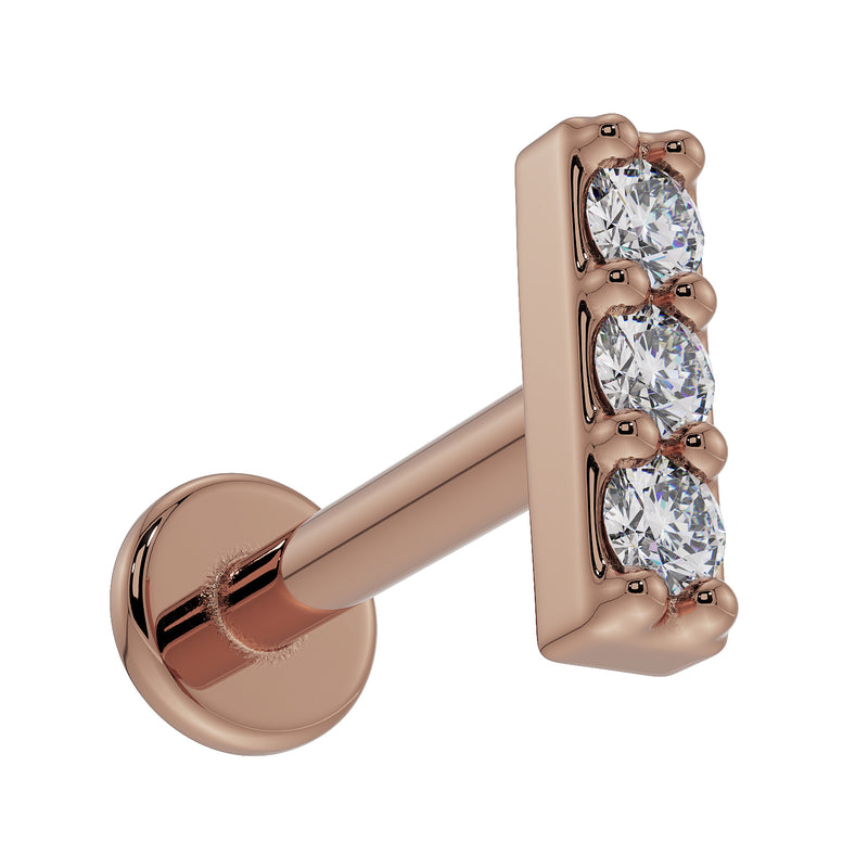 14k rose gold trinity diamond bar flat back earring, angled view showing warm tone and three-stone bar top