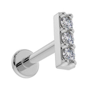 14k white gold trinity diamond bar flat back earring, angled view showing three prong-set diamonds and disc back