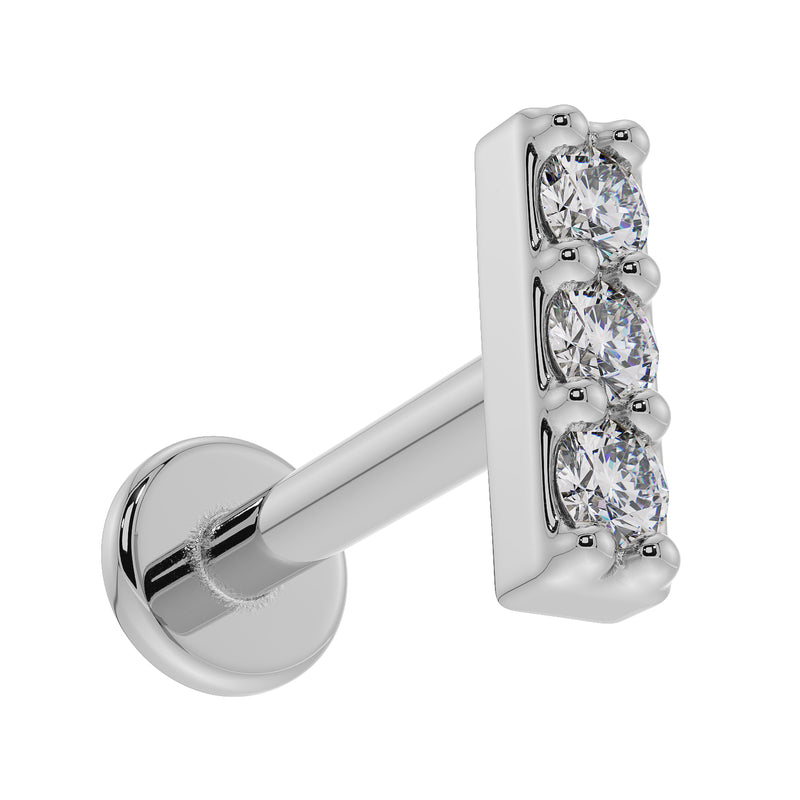 14k white gold trinity diamond bar flat back earring, angled view showing three prong-set diamonds and disc back