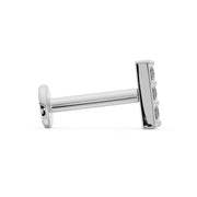 Side profile of 14k white gold diamond bar flat back earring showing post length and flat disc backing