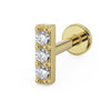 14k yellow gold trinity diamond bar flat back earring, angled view showing three-stone setting and flat disc back