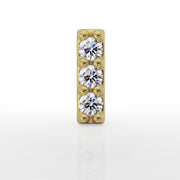 Close-up front view of 14k yellow gold diamond bar top showing three prong-set round diamonds in vertical setting