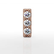 Close-up front view of 14k rose gold trinity diamond bar top showing three round diamonds and prong detail