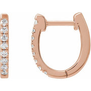 14k rose gold 13mm diamond huggie hoop earrings, front and side profile with prong-set white diamonds