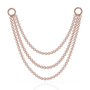 14k rose gold three-link piercing chain connector, 36mm, triple layered drape with ring clasps, front view