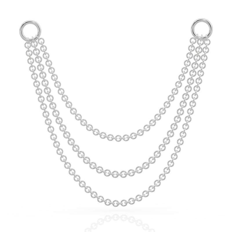 14k white gold three-link piercing chain connector, 36mm, triple draped strands with ring clasps, front view