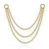 14k yellow gold three-link piercing chain connector, 36mm, triple drape with ring clasps, front view
