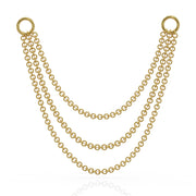 14k yellow gold three-link piercing chain connector, 36mm, triple drape with ring clasps, front view