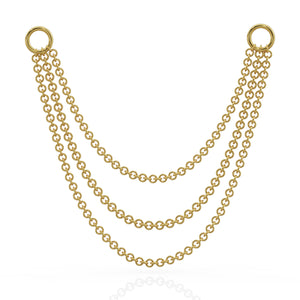 14k yellow gold three-link piercing chain connector, 36mm, triple drape with ring clasps, front view