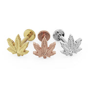Cannabis leaf flat back labret in all three 14K gold colors: yellow, rose, and white gold side by side