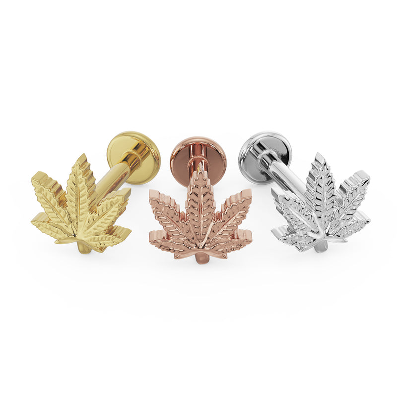 Cannabis leaf flat back labret in all three 14K gold colors: yellow, rose, and white gold side by side