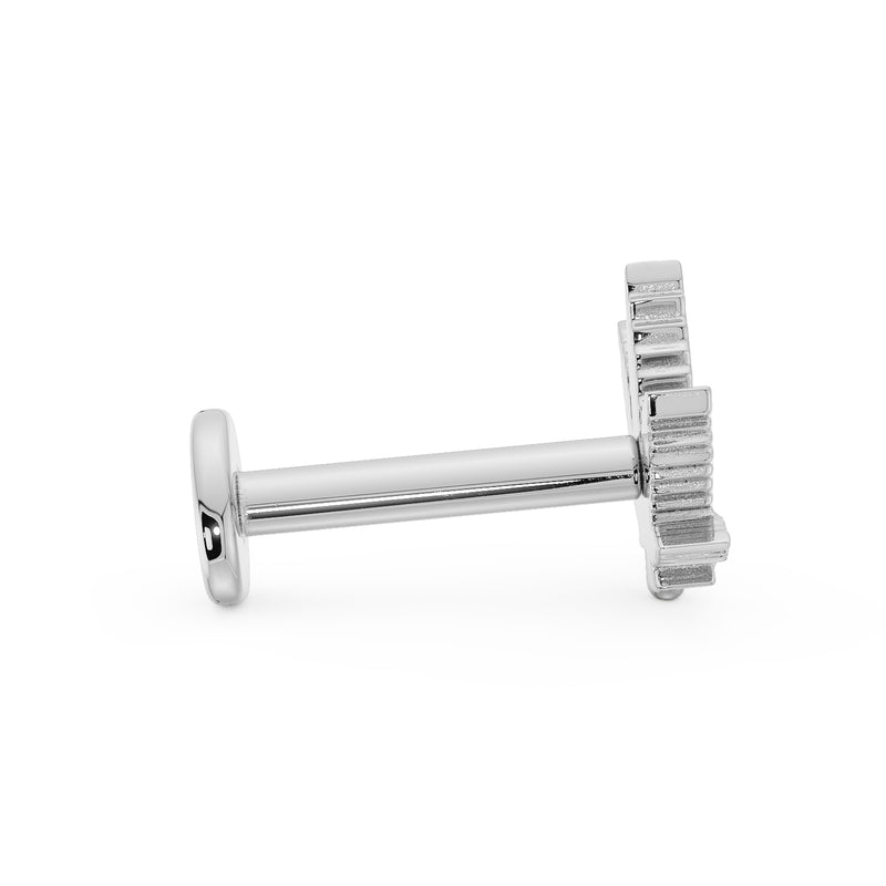 Side profile of 14K white gold pot leaf flat back labret showing post length and flat back disc