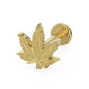 14K yellow gold marijuana leaf flat back labret, angled view showing engraved leaf detail and flat disc back