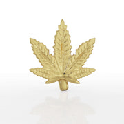 14K yellow gold pot leaf flat back charm, straight-on front view showing serrated leaf edges and vein detail