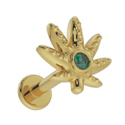 14k yellow gold emerald cannabis leaf flat back earring, angled view showing post and flat back disc