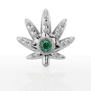 14k white gold marijuana leaf flat back earring, front view with bezel-set emerald gemstone