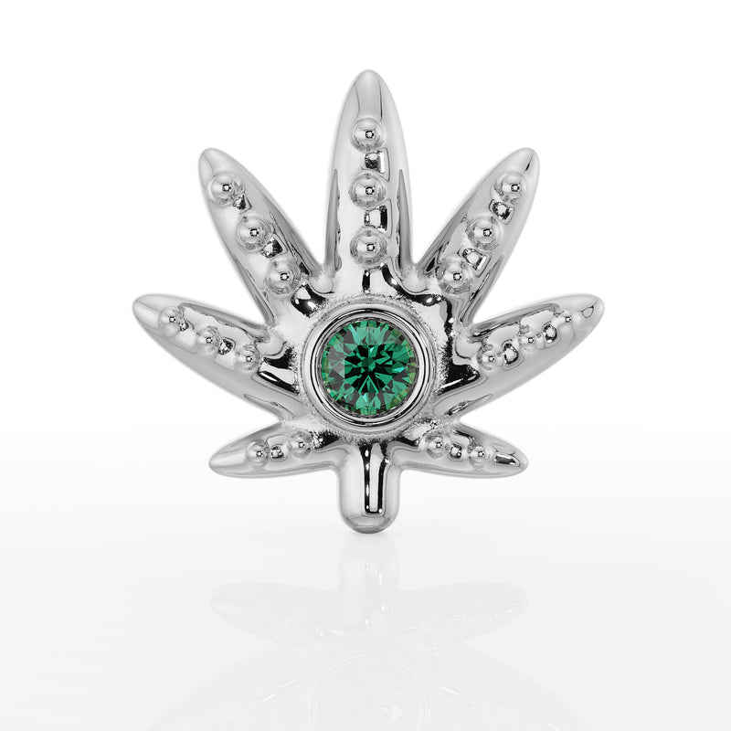 14k white gold marijuana leaf flat back earring, front view with bezel-set emerald gemstone