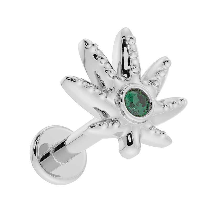 14k white gold emerald marijuana leaf flat back earring, angled view showing flat back disc and post