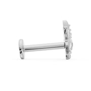 Side profile of white gold pot leaf flat back labret showing post length and flat disc backing