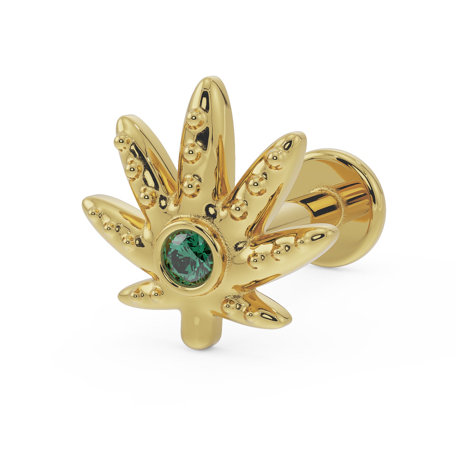 Emerald Marijuana Pot Leaf 14K Gold Flat Back Earring