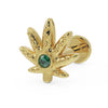 14k yellow gold marijuana leaf flat back earring with bezel-set emerald, angled side view