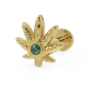 14k yellow gold marijuana leaf flat back earring with bezel-set emerald, angled side view
