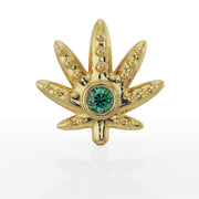 14k yellow gold cannabis leaf flat back earring, front view showing bezel-set emerald center