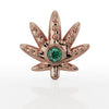 14k rose gold marijuana leaf flat back earring, straight-on front view with bezel-set emerald
