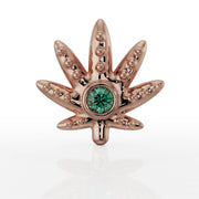 14k rose gold marijuana leaf flat back earring, straight-on front view with bezel-set emerald