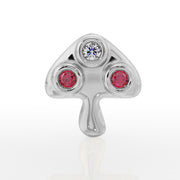 14K white gold mushroom flat back earring, straight-on front view of diamond and ruby bezel settings