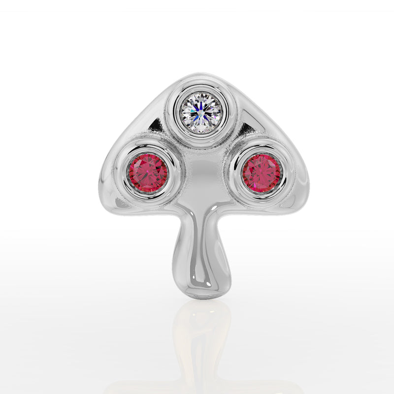 14K white gold mushroom flat back earring, straight-on front view of diamond and ruby bezel settings