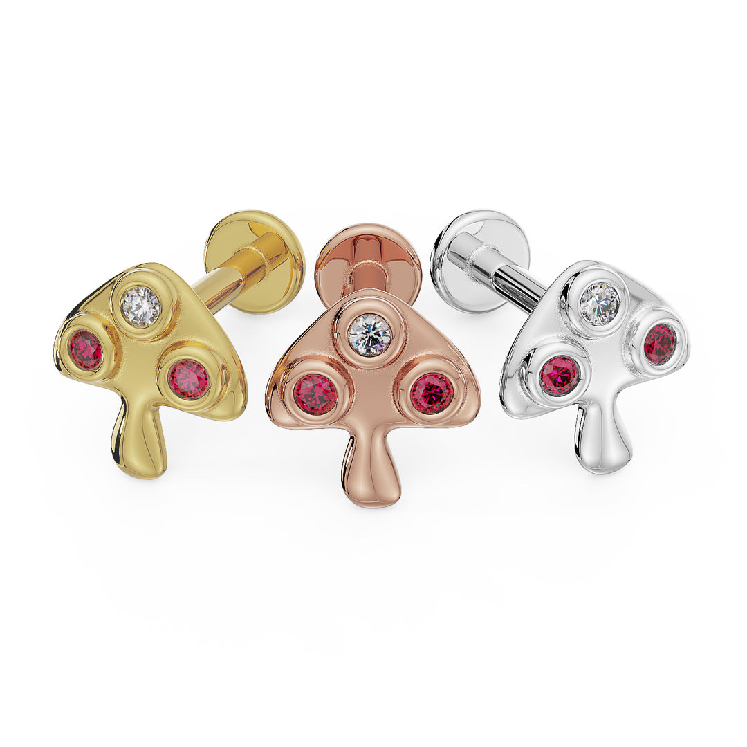 Diamond and Ruby Mushroom 14K Gold Flat Back Earring