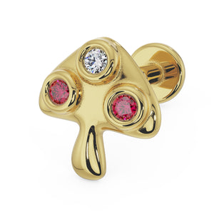 14K yellow gold mushroom flat back earring with bezel-set diamond and two rubies, angled view