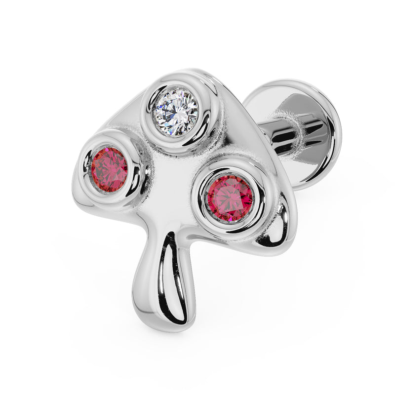 14K white gold mushroom flat back earring with bezel diamond and two rubies, angled view with flat back visible