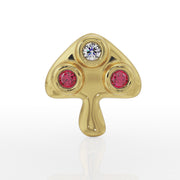 14K yellow gold mushroom flat back earring, front view showing diamond and dual ruby bezel settings