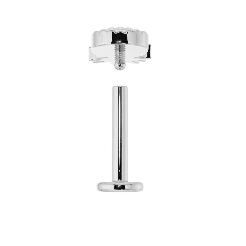 Disassembled flat back labret post and pineapple top showing threaded connection mechanism, white gold