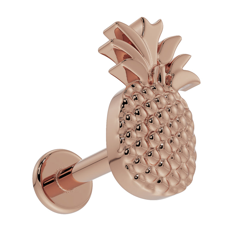 14K rose gold pineapple flat back labret, side profile showing post and flat disc backing detail