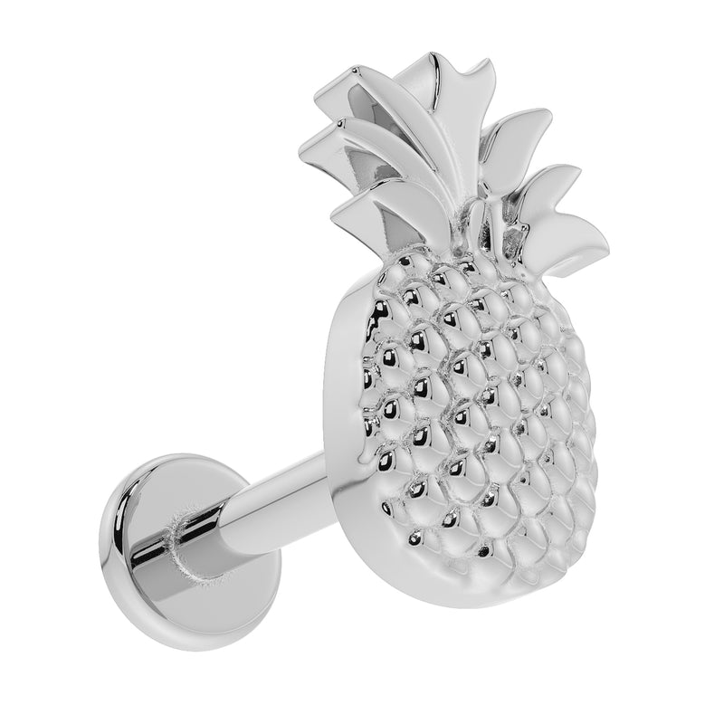 14K white gold pineapple flat back labret, side profile view showing barbell post and flat backing