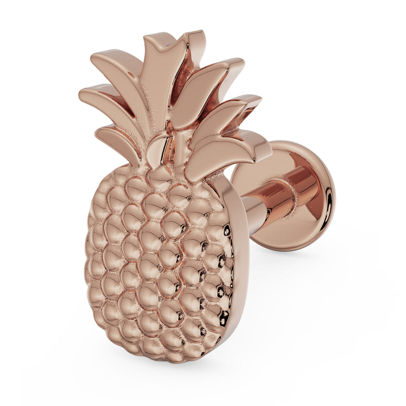 14K rose gold pineapple flat back earring, angled side view showing warm pink tone and detailed texture