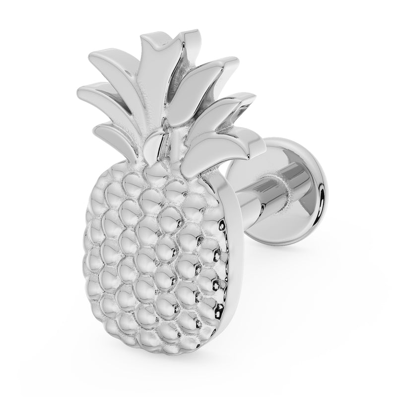 14K white gold pineapple flat back earring, angled side view showing textured fruit body and flat disc post