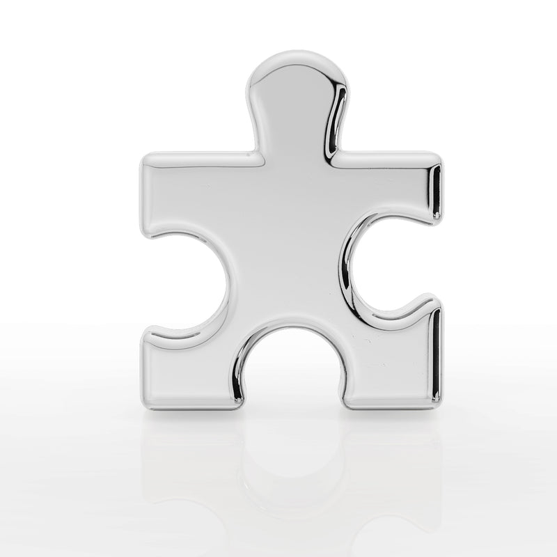 Front view of 14K white gold puzzle piece charm top, polished high-shine finish with interlocking tabs