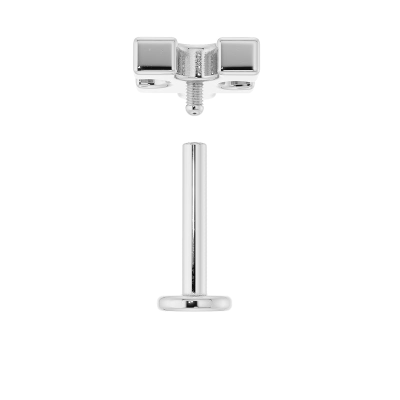 14K white gold puzzle piece flat back earring disassembled, showing threaded charm top separated from barbell post