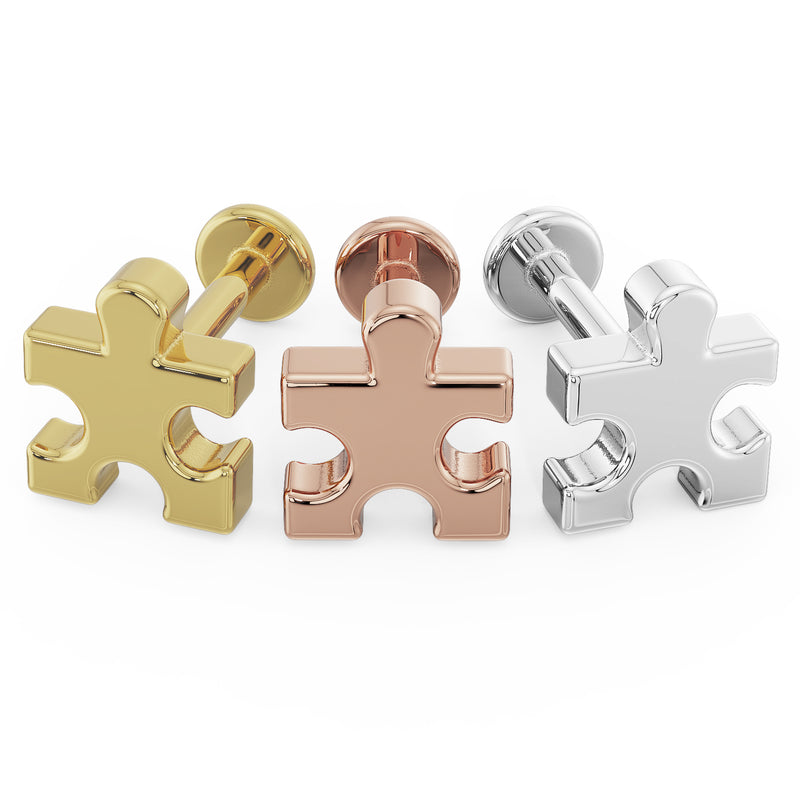 14K yellow gold, rose gold, and white gold puzzle piece flat back earrings showing all three metal color options