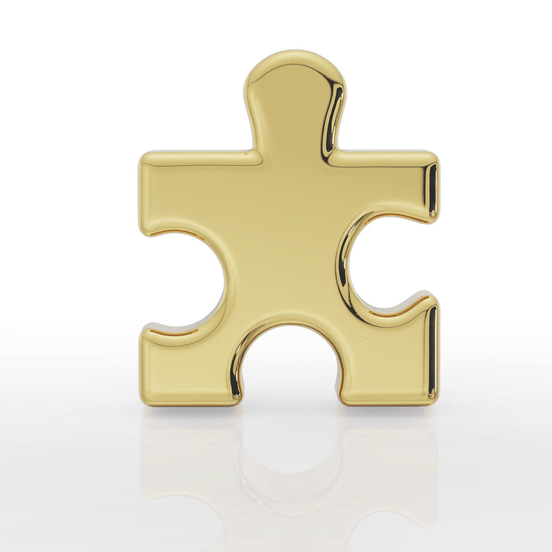 Front view of 14K yellow gold puzzle piece charm, polished surface with rounded interlocking tab detail