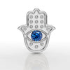 14k white gold hamsa evil eye flat back earring top, direct front view with blue sapphire center stone