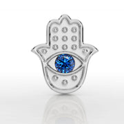 14k white gold hamsa evil eye flat back earring top, direct front view with blue sapphire center stone