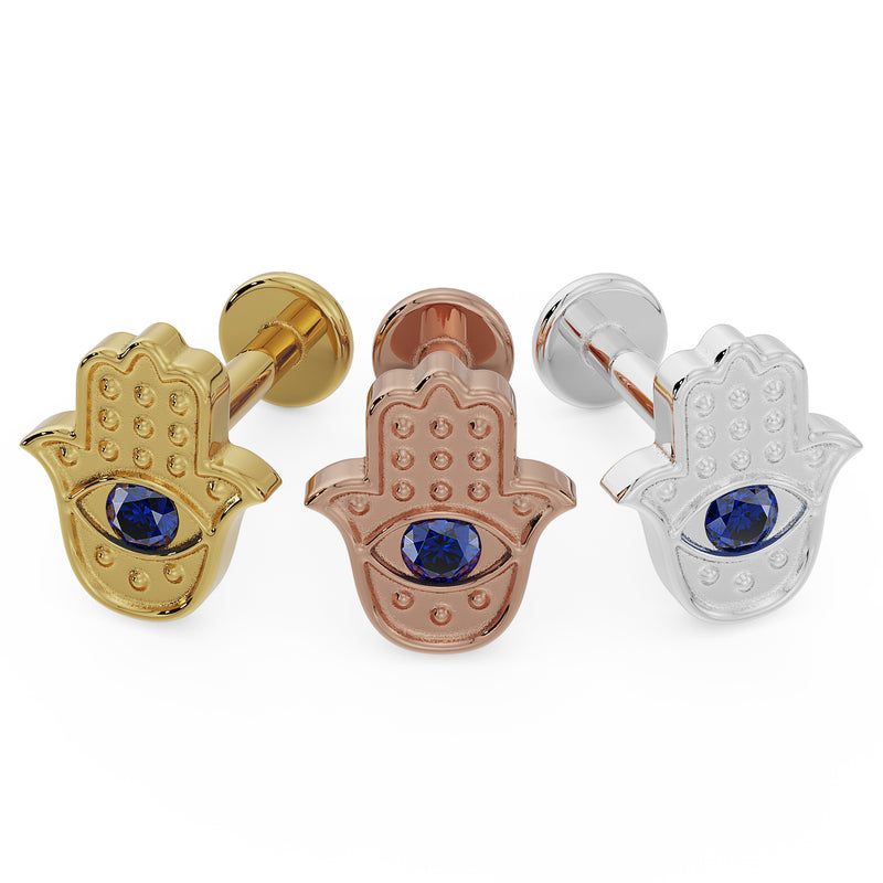 Hamsa evil eye sapphire flat back earring in all three metal options: yellow gold, rose gold, white gold