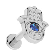 14k white gold hamsa evil eye flat back earring with sapphire, left-facing angled view showing depth